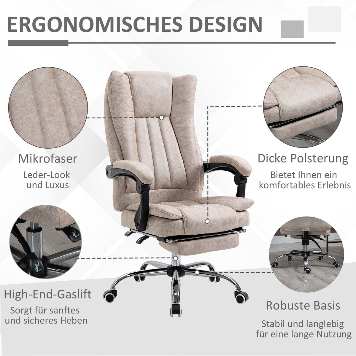 Office Chair Swivel Chair Desk Chair With Reclining Function Footrest Height Adjustable Microfiber Beige + Black + Silver 63 X 71 X 110-118 Cm
