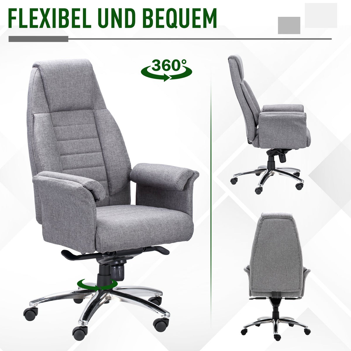 Office Chair Swivel Chair Ergonomic, Armrest & Height Adjustable, Faux Linen, Light Gray, 68X72X120-126Cm