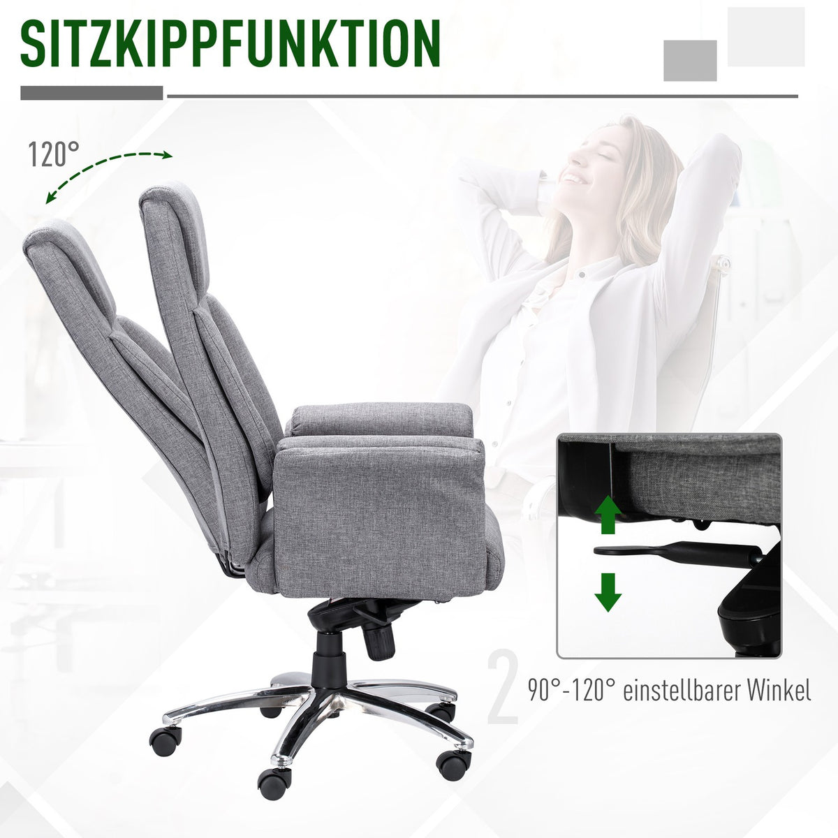Office Chair Swivel Chair Ergonomic, Armrest & Height Adjustable, Faux Linen, Light Gray, 68X72X120-126Cm