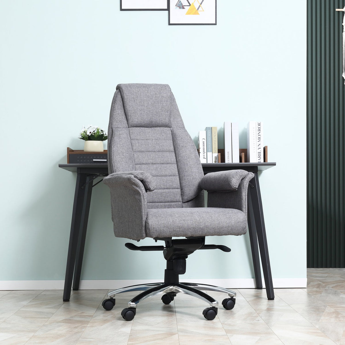 Office Chair Swivel Chair Ergonomic, Armrest & Height Adjustable, Faux Linen, Light Gray, 68X72X120-126Cm