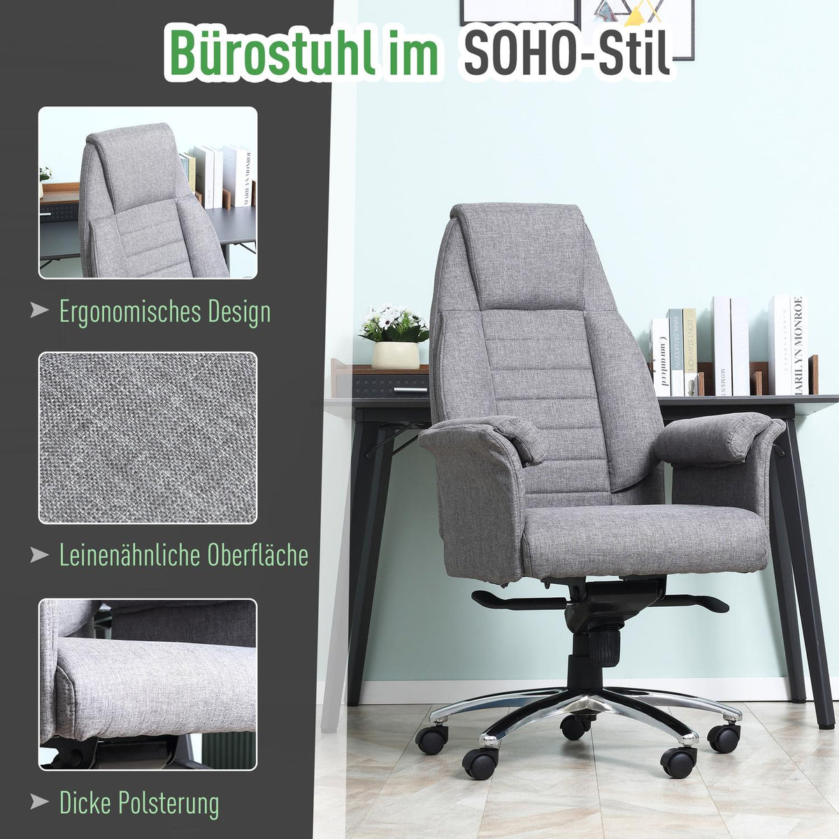 Office Chair Swivel Chair Ergonomic, Armrest & Height Adjustable, Faux Linen, Light Gray, 68X72X120-126Cm