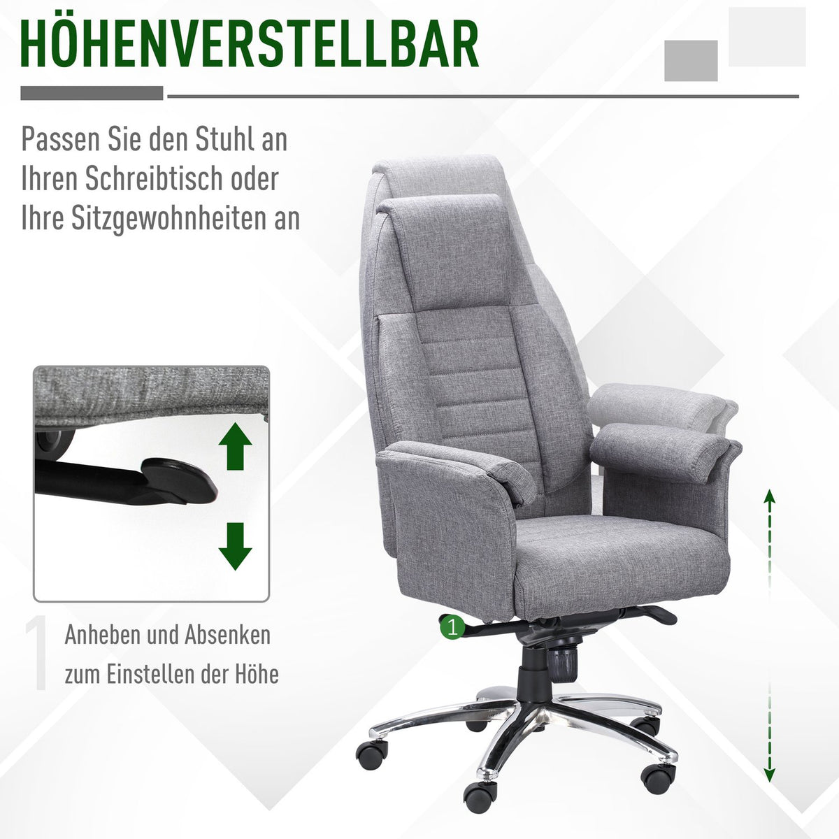 Office Chair Swivel Chair Ergonomic, Armrest & Height Adjustable, Faux Linen, Light Gray, 68X72X120-126Cm
