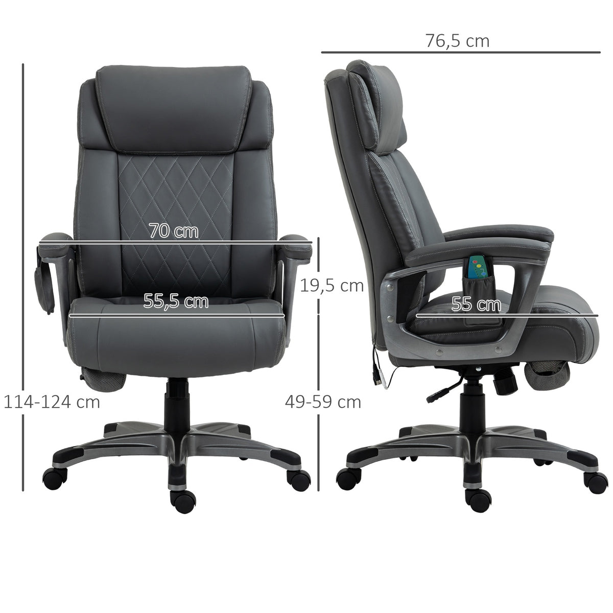Office Chair Swivel Chair With 6 Massage Points, Ergonomic, Faux Leather, Gray, 70X76.5X114-124Cm