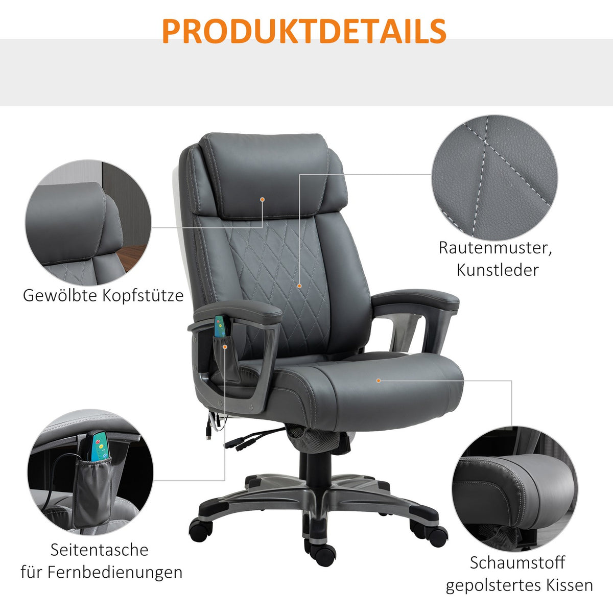 Office Chair Swivel Chair With 6 Massage Points, Ergonomic, Faux Leather, Gray, 70X76.5X114-124Cm