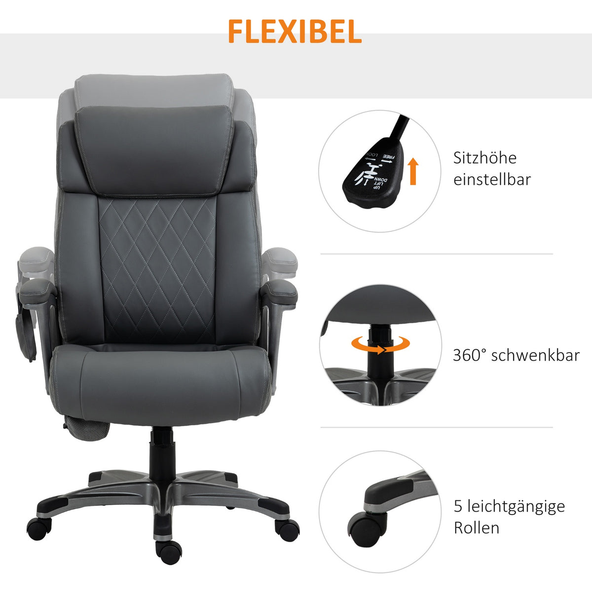Office Chair Swivel Chair With 6 Massage Points, Ergonomic, Faux Leather, Gray, 70X76.5X114-124Cm