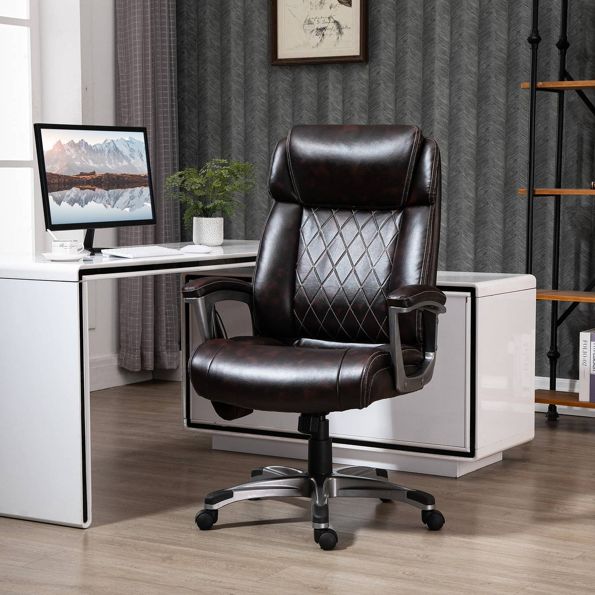 Office Chair Swivel Chair With 6 Massage Points Ergonomic With Curved Headrest And Armrest Faux Leather Brown 70 X 76.5 X 114-124 Cm