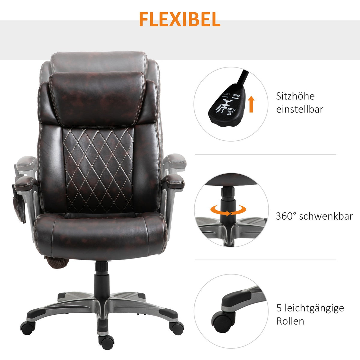 Office Chair Swivel Chair With 6 Massage Points Ergonomic With Curved Headrest And Armrest Faux Leather Brown 70 X 76.5 X 114-124 Cm