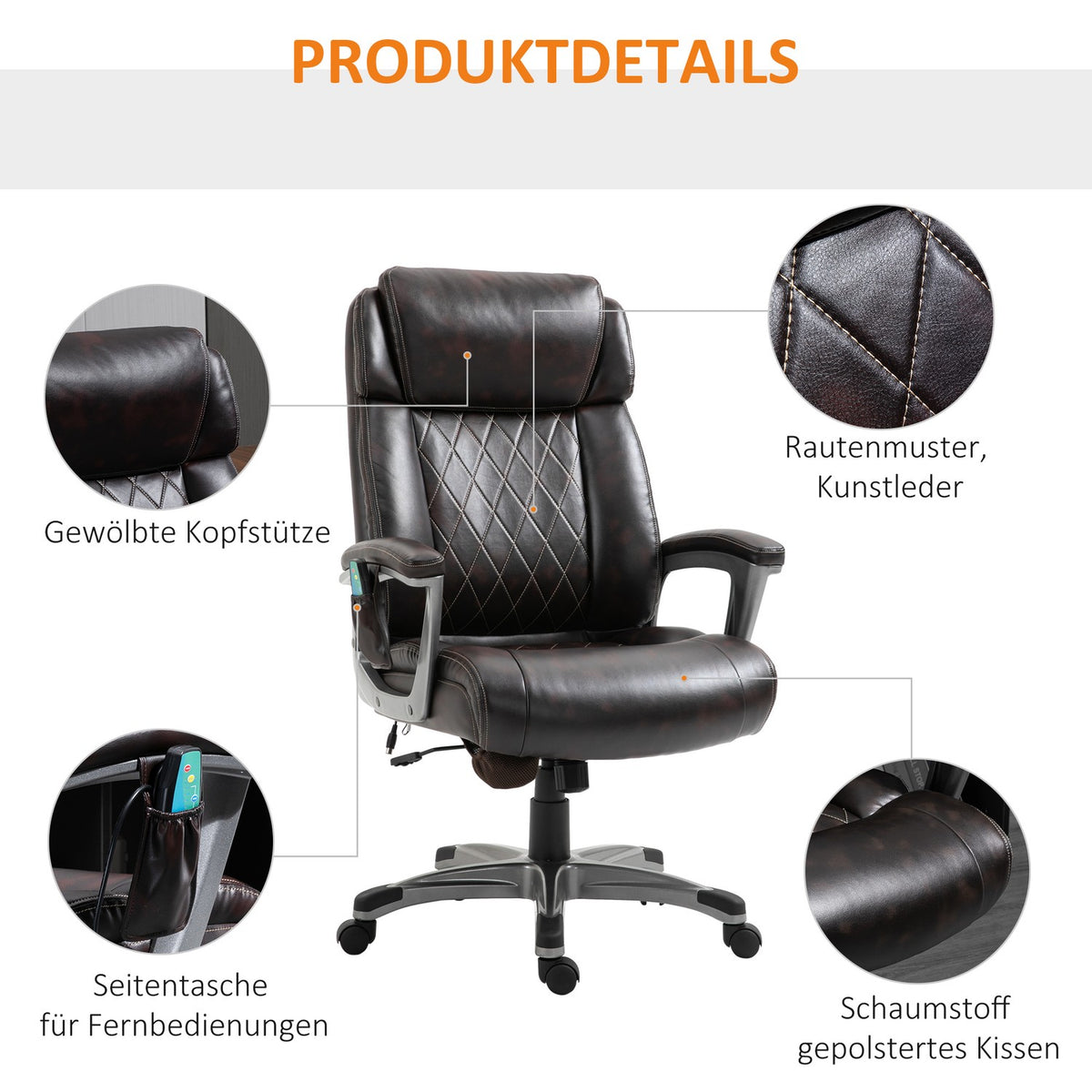 Office Chair Swivel Chair With 6 Massage Points Ergonomic With Curved Headrest And Armrest Faux Leather Brown 70 X 76.5 X 114-124 Cm