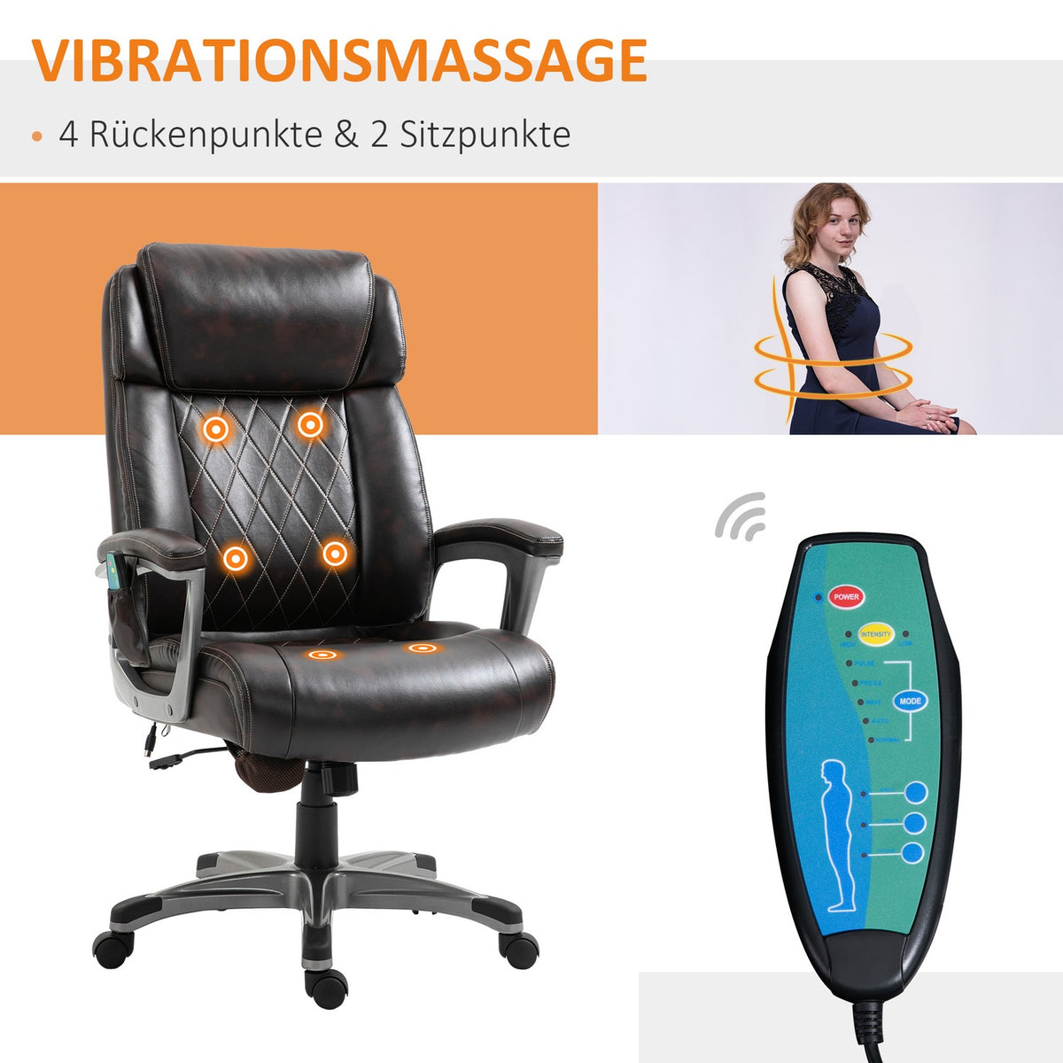 Office Chair Swivel Chair With 6 Massage Points Ergonomic With Curved Headrest And Armrest Faux Leather Brown 70 X 76.5 X 114-124 Cm