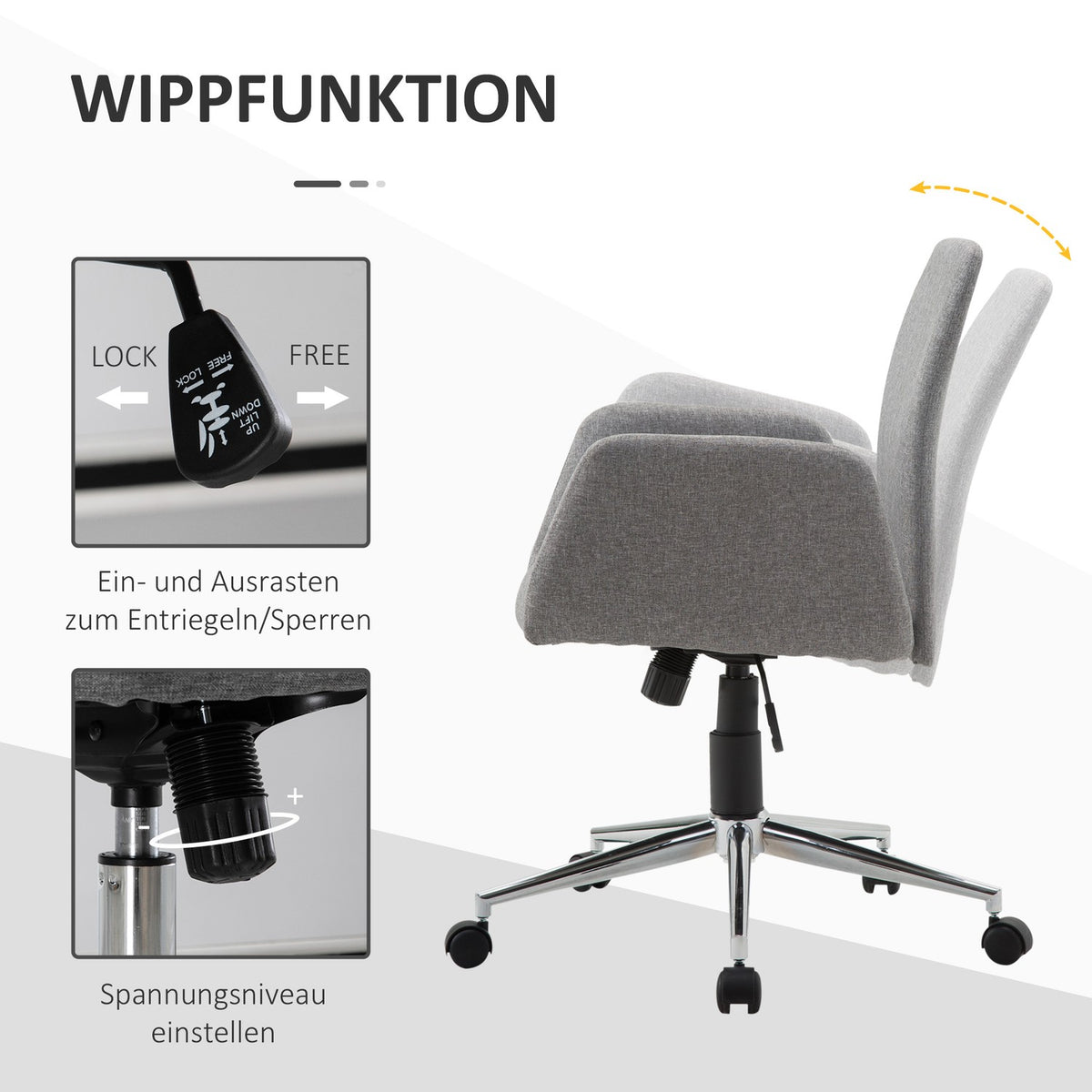 Office Chair Swivel Chair With Reclining Function, Height Adjustable, Nordic Style, With Wheels, 61X58X88-97.5 Cm