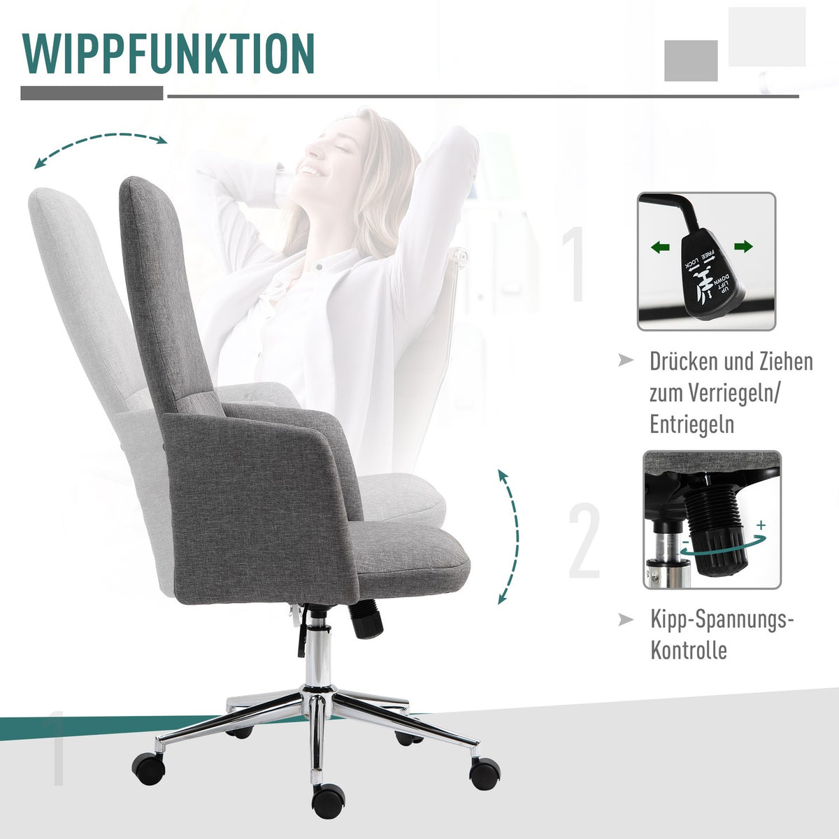 Office Chair Swivel Chair With Rocker Function, Armrest, Height Adjustable, Ergonomic, Artificial Linen, Metal, Gray, 61X67X112.5-120.5Cm