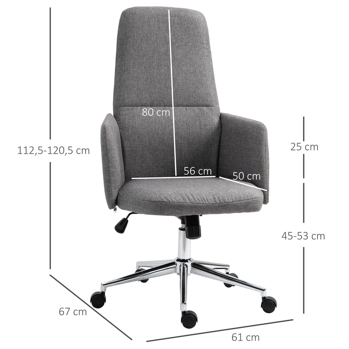 Office Chair Swivel Chair With Rocker Function, Armrest, Height Adjustable, Ergonomic, Artificial Linen, Metal, Gray, 61X67X112.5-120.5Cm