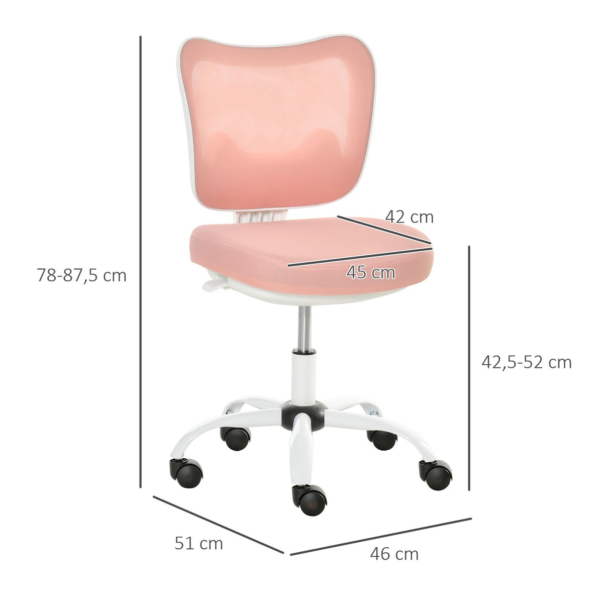 Office Chair Swivel Chair Without Armrests Height Adjustable Foam Abs Metal White + Pink 46 X 51 X 78-87.5 Cm