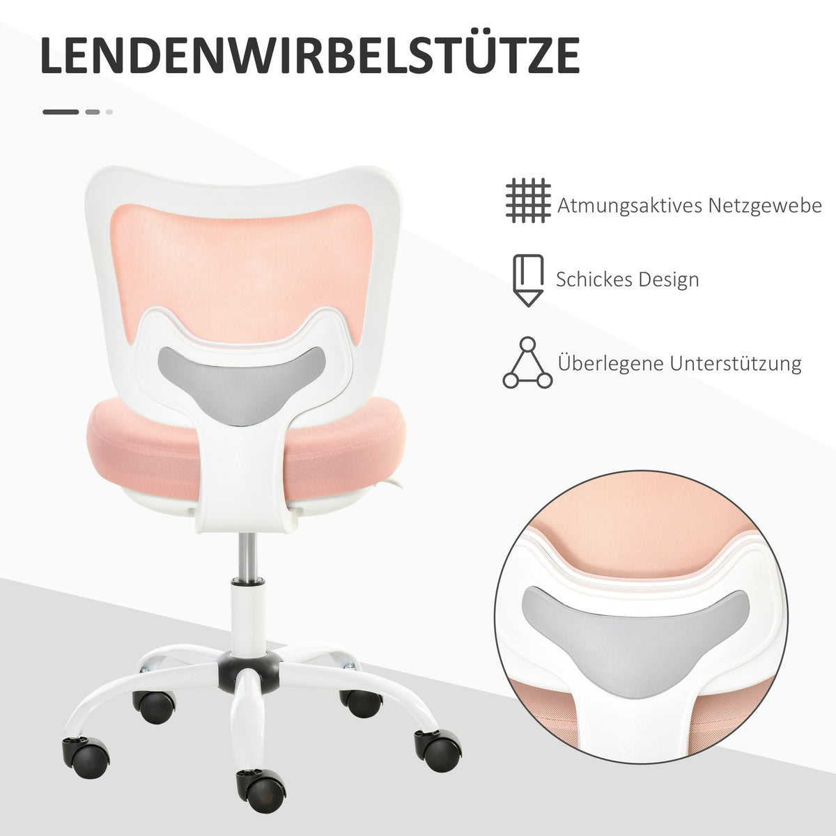 Office Chair Swivel Chair Without Armrests Height Adjustable Foam Abs Metal White + Pink 46 X 51 X 78-87.5 Cm