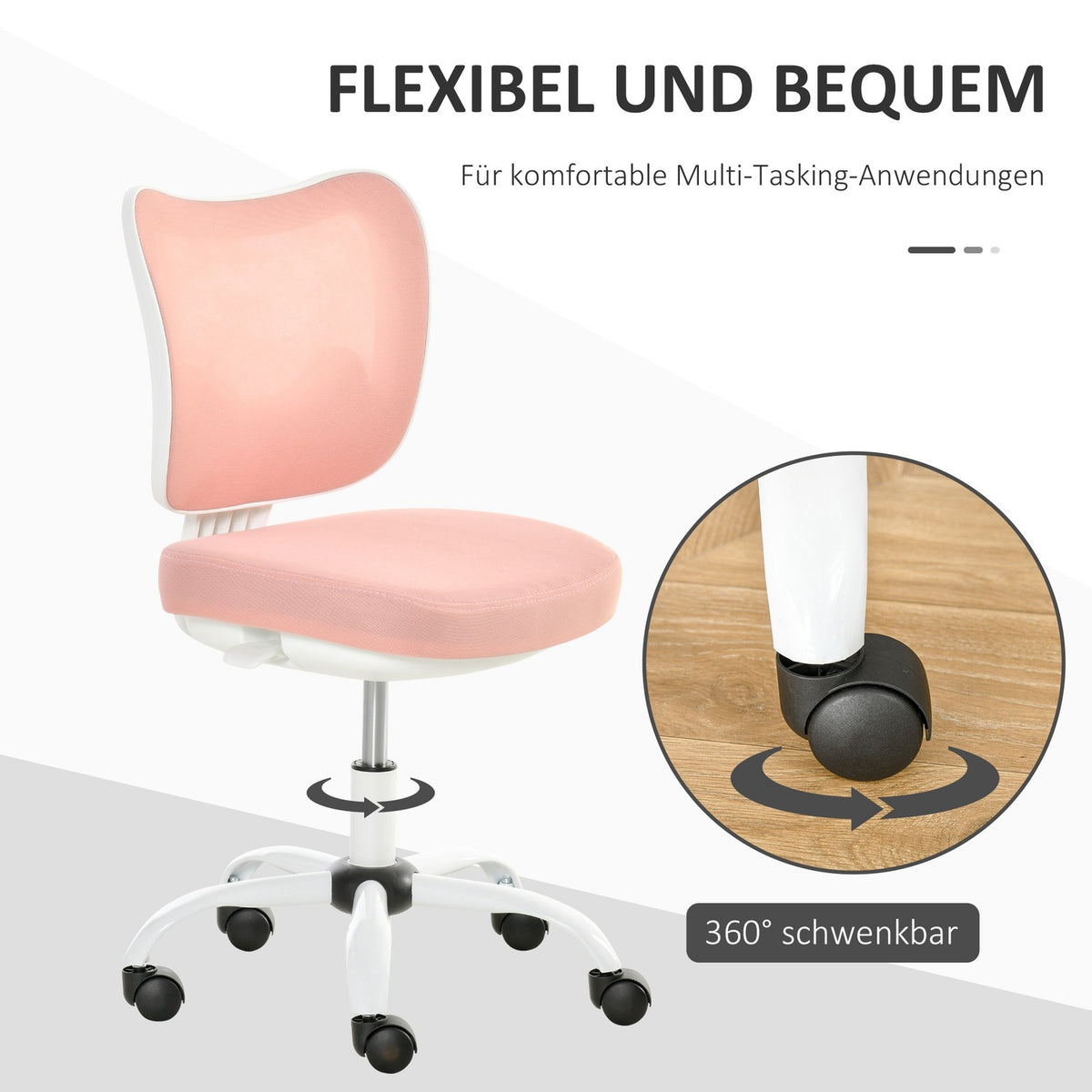 Office Chair Swivel Chair Without Armrests Height Adjustable Foam Abs Metal White + Pink 46 X 51 X 78-87.5 Cm