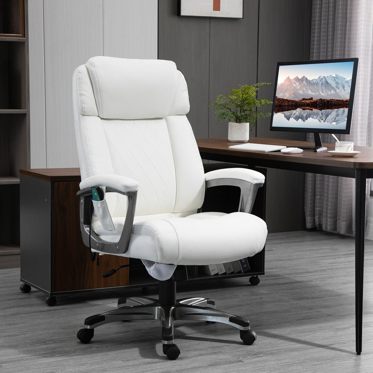 Office Chair With 6 Massage Points Ergonomic Swivel Chair With Curved Headrest And Armrest Adjustable Faux Leather White 70X76.5X114-124 Cm