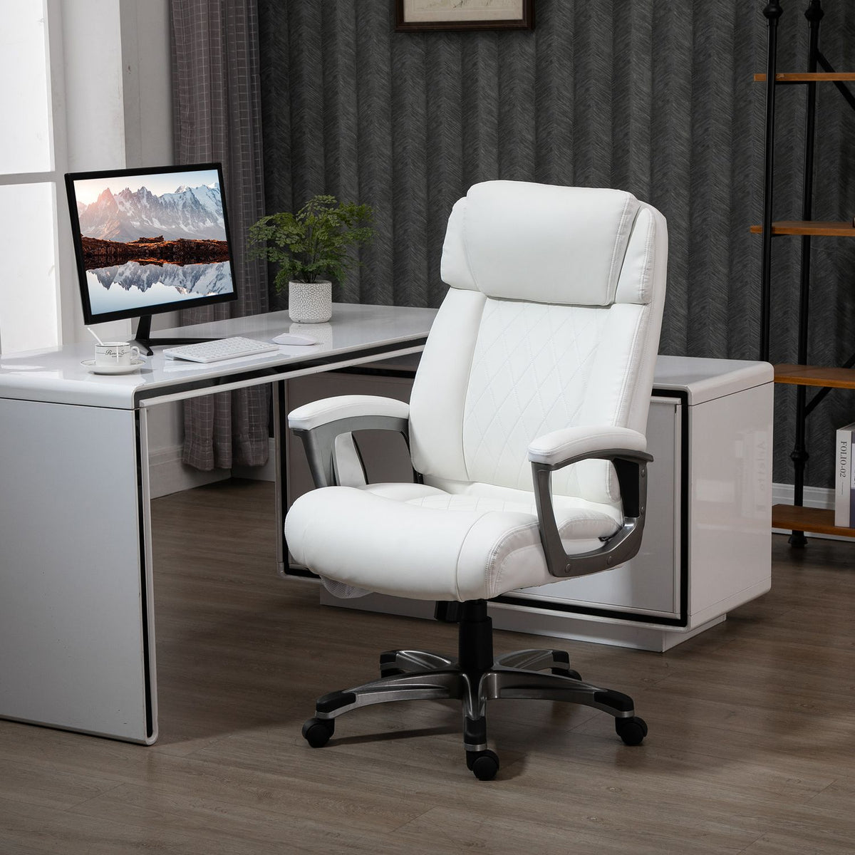 Office Chair With 6 Massage Points Ergonomic Swivel Chair With Curved Headrest And Armrest Adjustable Faux Leather White 70X76.5X114-124 Cm