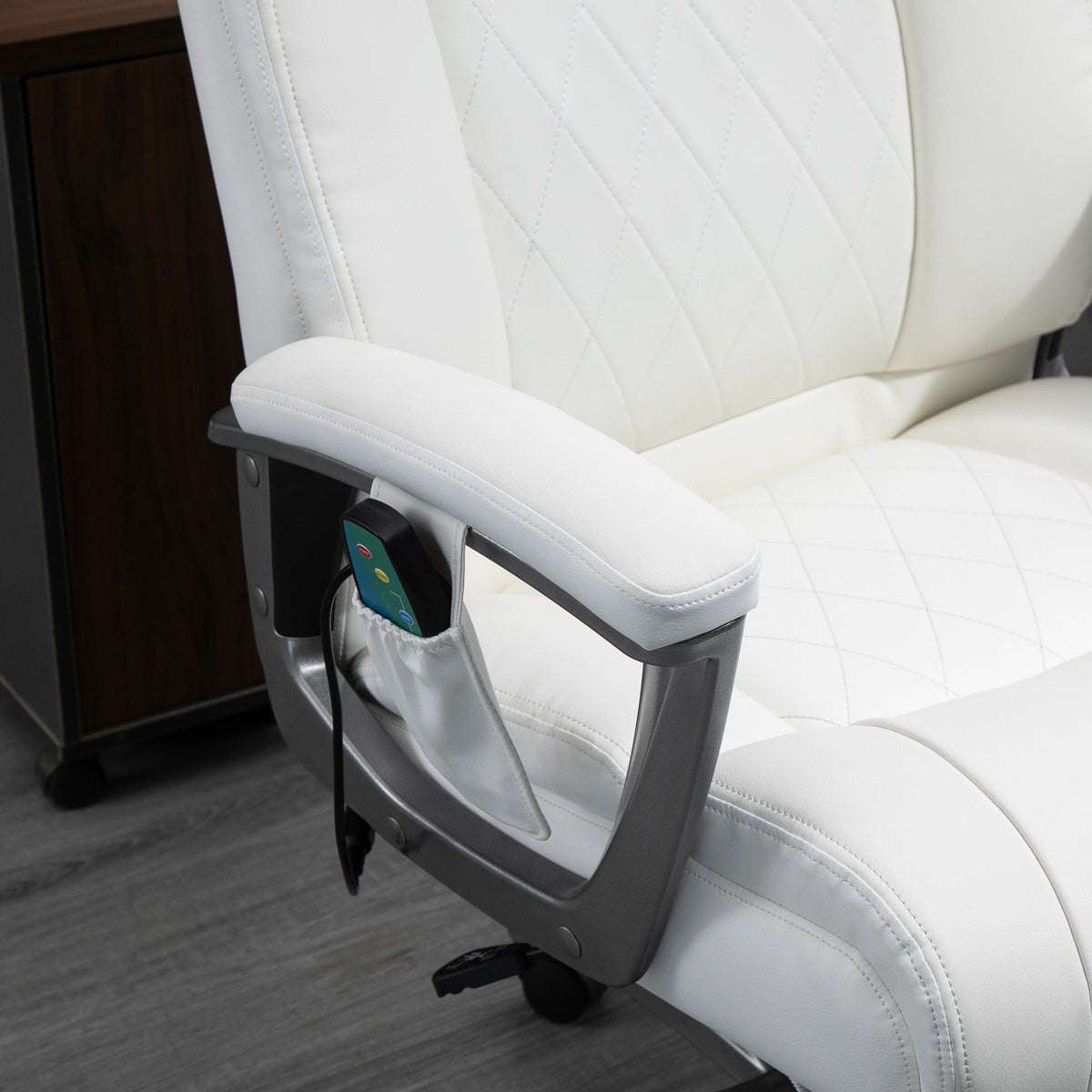 Office Chair With 6 Massage Points Ergonomic Swivel Chair With Curved Headrest And Armrest Adjustable Faux Leather White 70X76.5X114-124 Cm