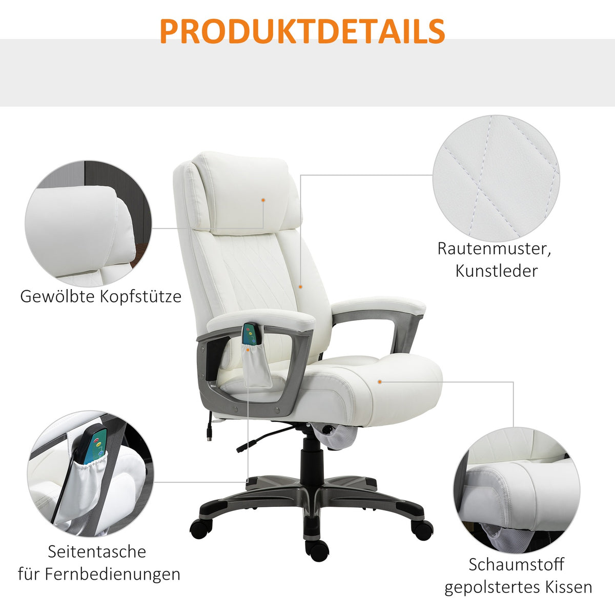 Office Chair With 6 Massage Points Ergonomic Swivel Chair With Curved Headrest And Armrest Adjustable Faux Leather White 70X76.5X114-124 Cm