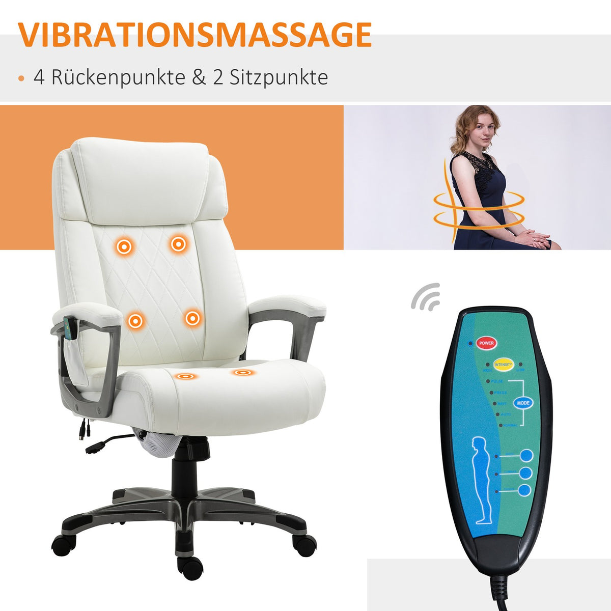Office Chair With 6 Massage Points Ergonomic Swivel Chair With Curved Headrest And Armrest Adjustable Faux Leather White 70X76.5X114-124 Cm