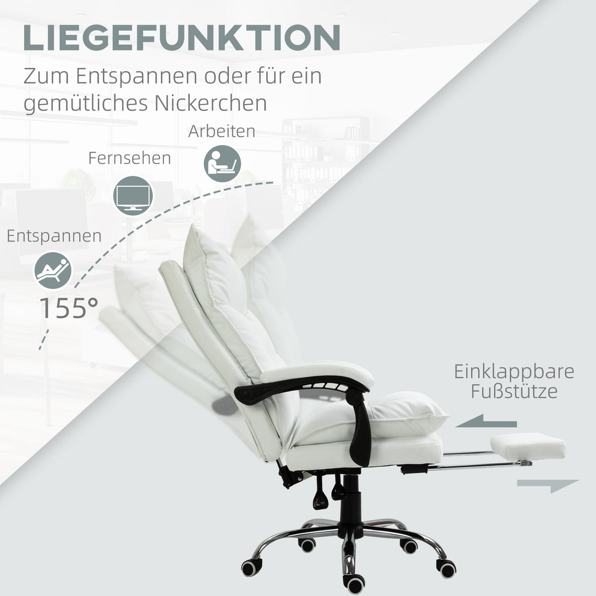 Office Chair With Footrest, Height-Adjustable Desk Chair, Swivel Chair, Backrest, Faux Leather, White, 66 X 72 X 122-130 Cm