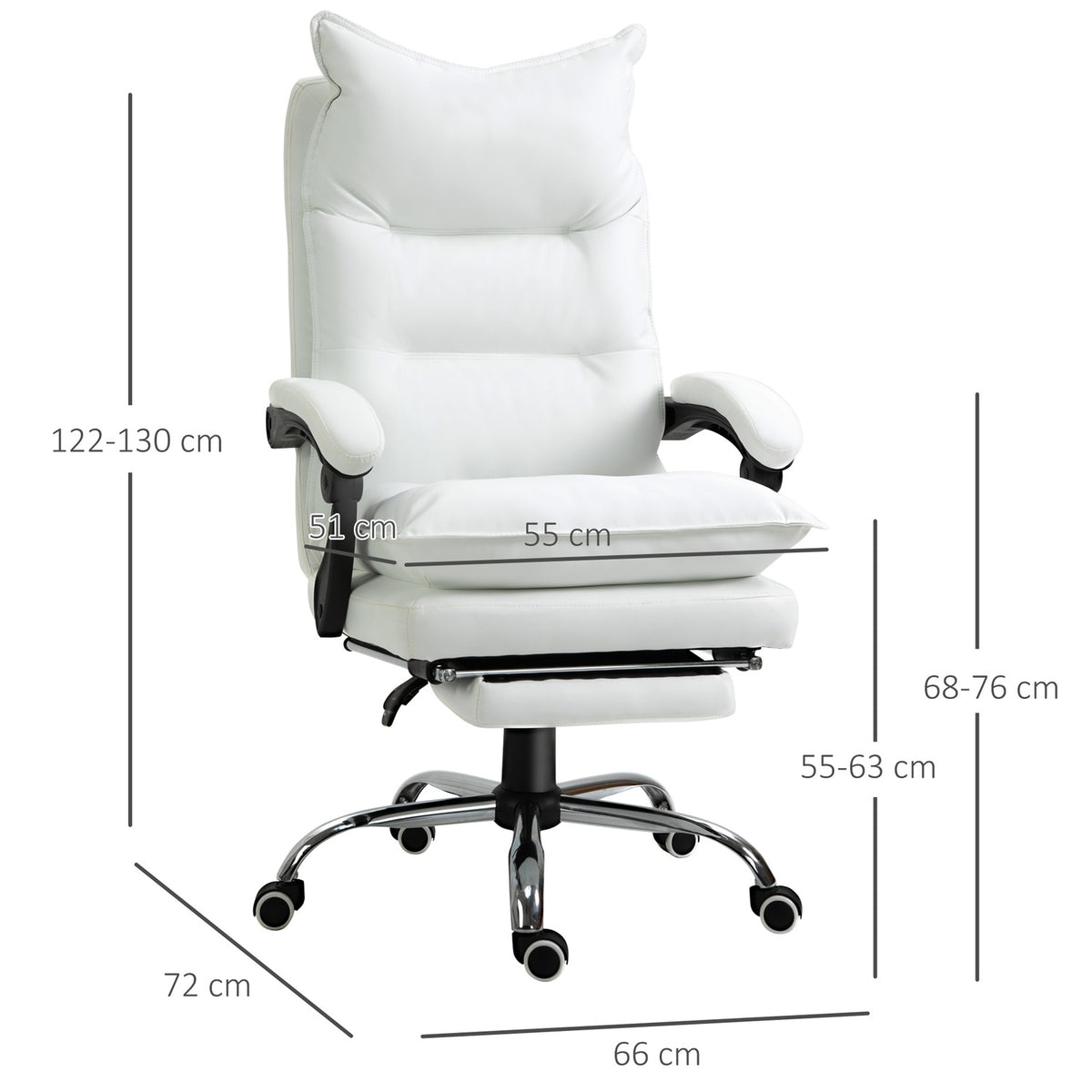 Office Chair With Footrest, Height-Adjustable Desk Chair, Swivel Chair, Backrest, Faux Leather, White, 66 X 72 X 122-130 Cm