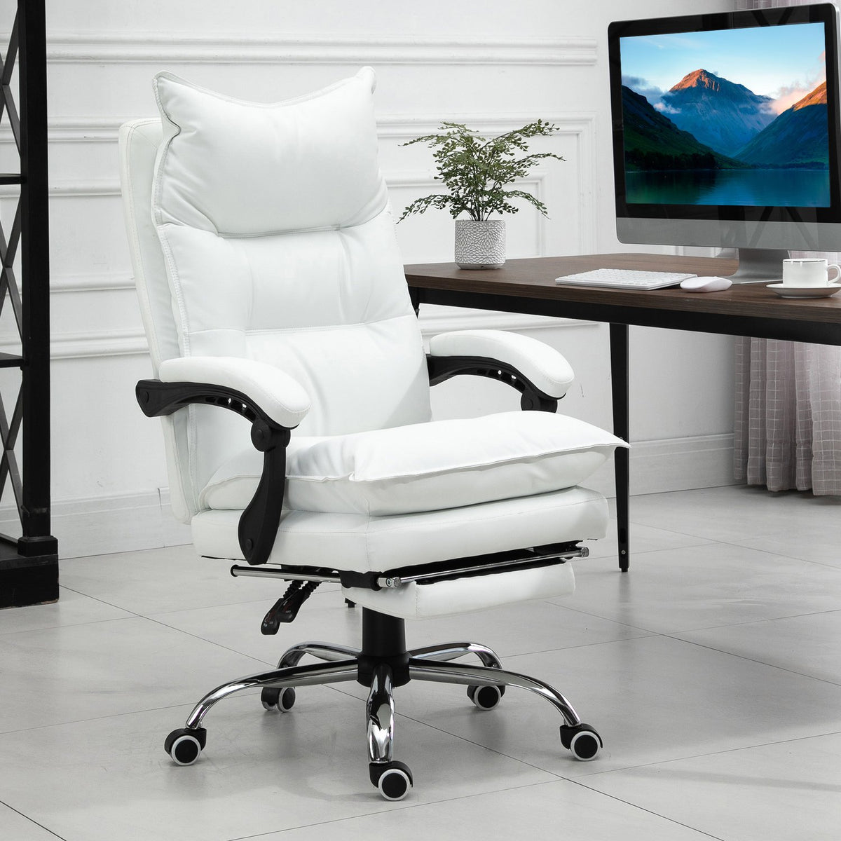 Office Chair With Footrest, Height-Adjustable Desk Chair, Swivel Chair, Backrest, Faux Leather, White, 66 X 72 X 122-130 Cm