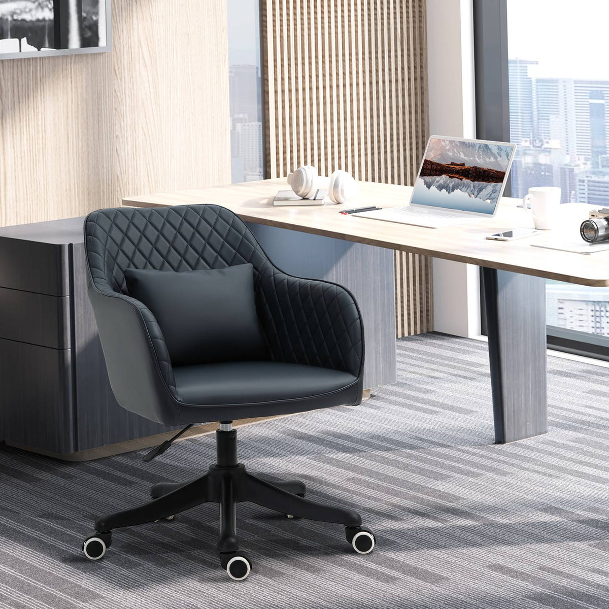 Office Chair With Massage Desk Chair, Vibration Function, Lumbar Cushion, Pu, Anthracite Gray, 55X65X78-86Cm