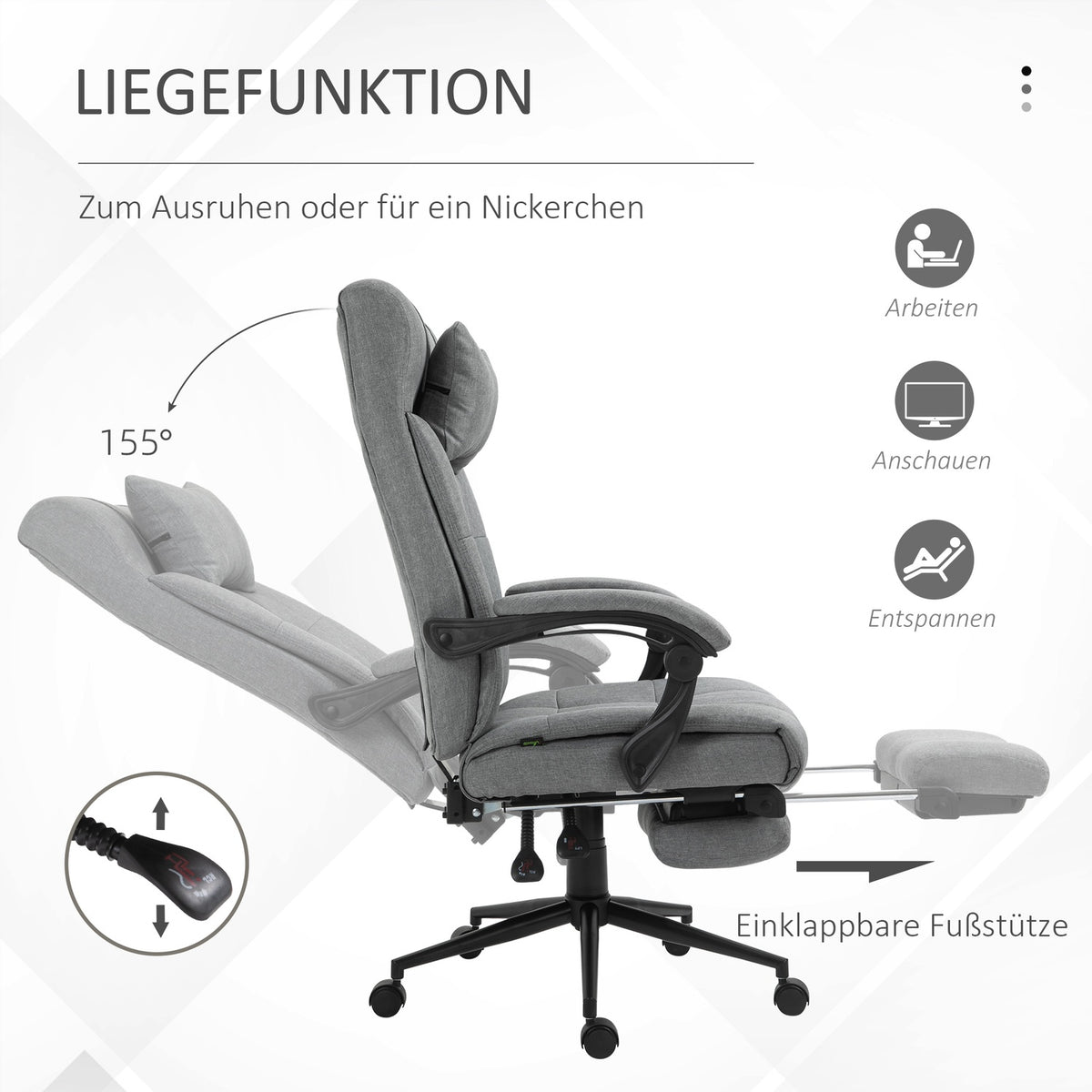 Office Chair With Pillow Armrest Desk Chair With Tilt Angle Height-Adjustable Swivel Chair With Footrest Linen 66 X 70 X 116-124 Cm
