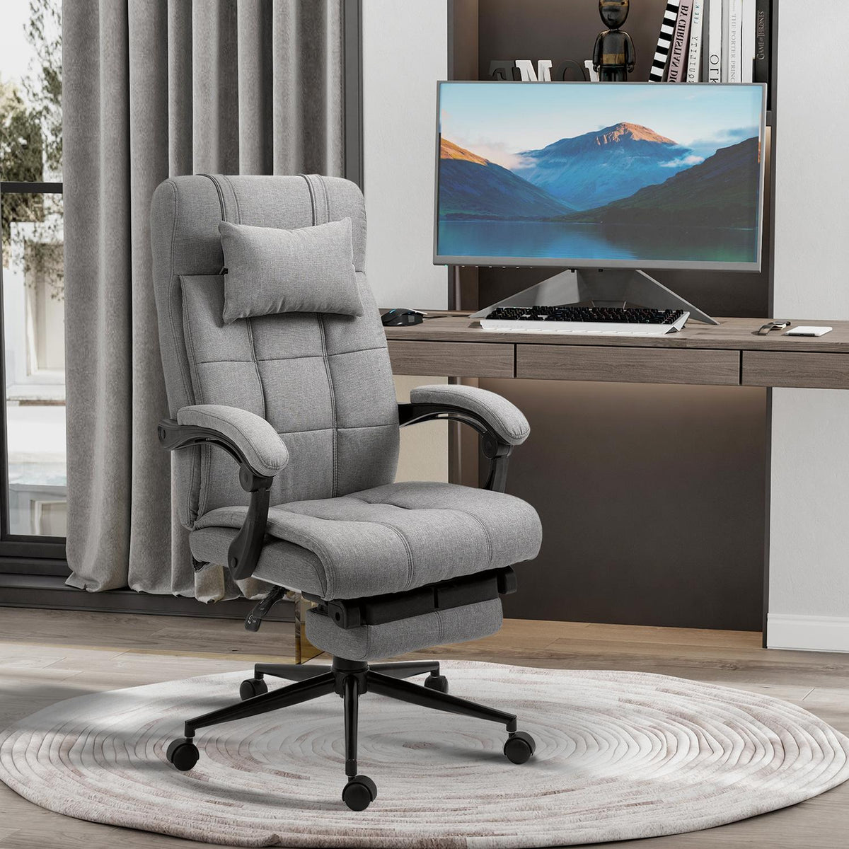 Office Chair With Pillow Armrest Desk Chair With Tilt Angle Height-Adjustable Swivel Chair With Footrest Linen 66 X 70 X 116-124 Cm