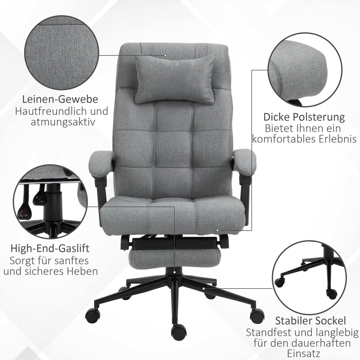 Office Chair With Pillow Armrest Desk Chair With Tilt Angle Height-Adjustable Swivel Chair With Footrest Linen 66 X 70 X 116-124 Cm