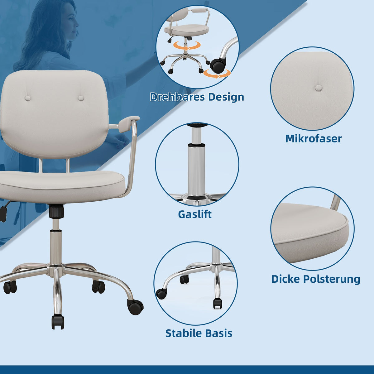 Office Chair With Rocker Function, Desk Chair With Faux Leather Look, Wheels, 82-92 Cm Height-Adjustable Swivel Chair, Load Capacity Up To 120 Kg, Beige