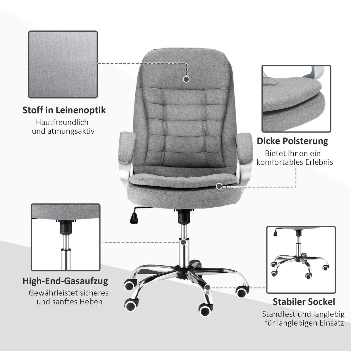 Office Chair Work Chair With 360° Rotation, Ergonomic, Rocker Function, Height Adjustable, Gray Linen, 64X75X111-121 Cm