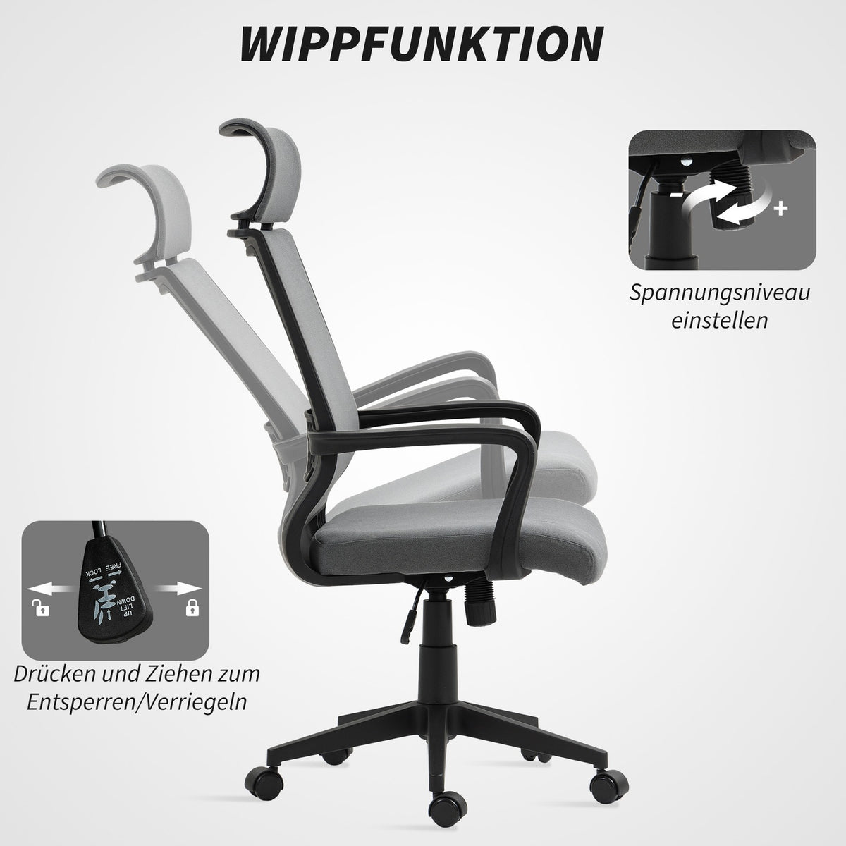 Office Chair with Adjustable Height, Wheels, Armrests, Grey