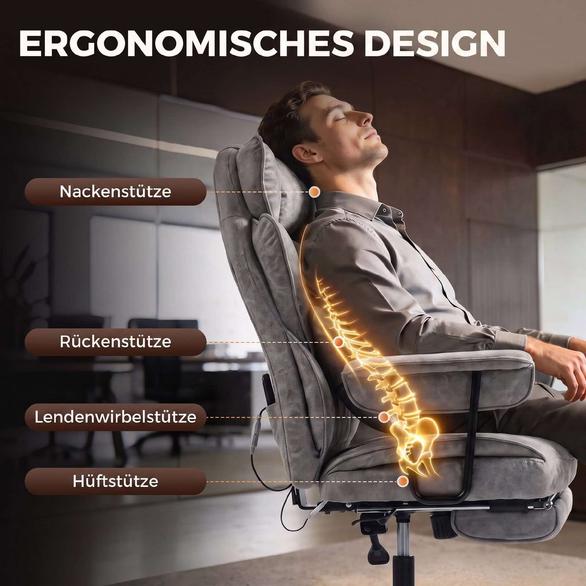 Office Chair with Massage, Heat, Footrest, Lumbar Support, Grey