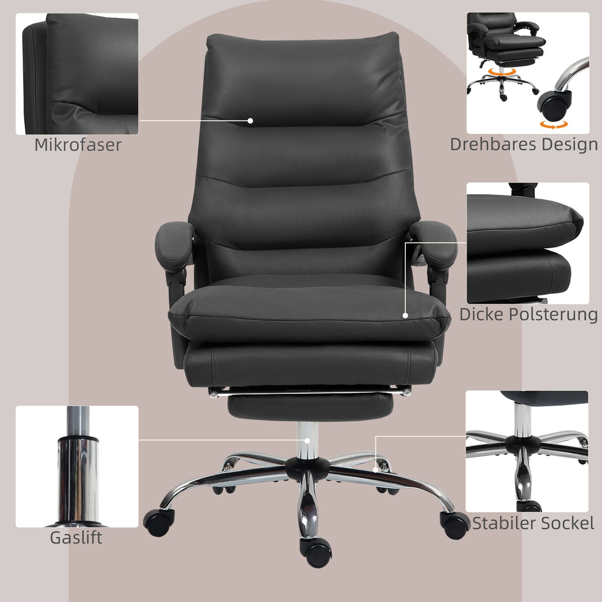 Office Chair with Massage, Heat, Recline, Black, 65x72x109-117cm