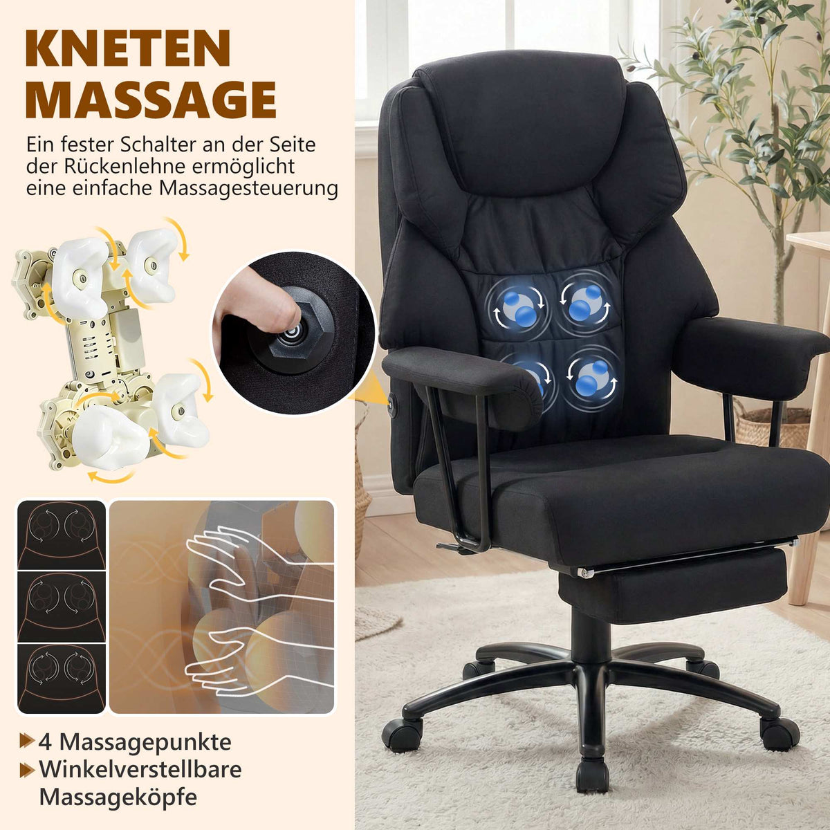 Office Chair with Massage, Recline & Footrest, Black Leather