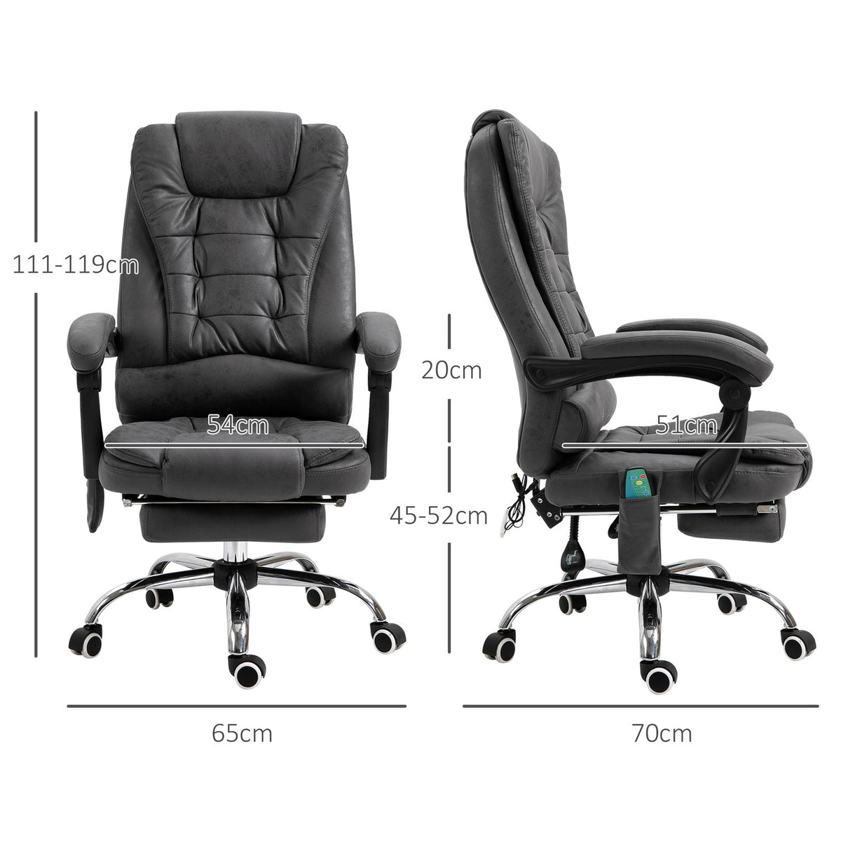 Office Chair with Massage and Heat Function, Ergonomic, 6 Massage Points, Footrest, Remote Control, Polyester, 65 x 160 x 104 cm, Gray