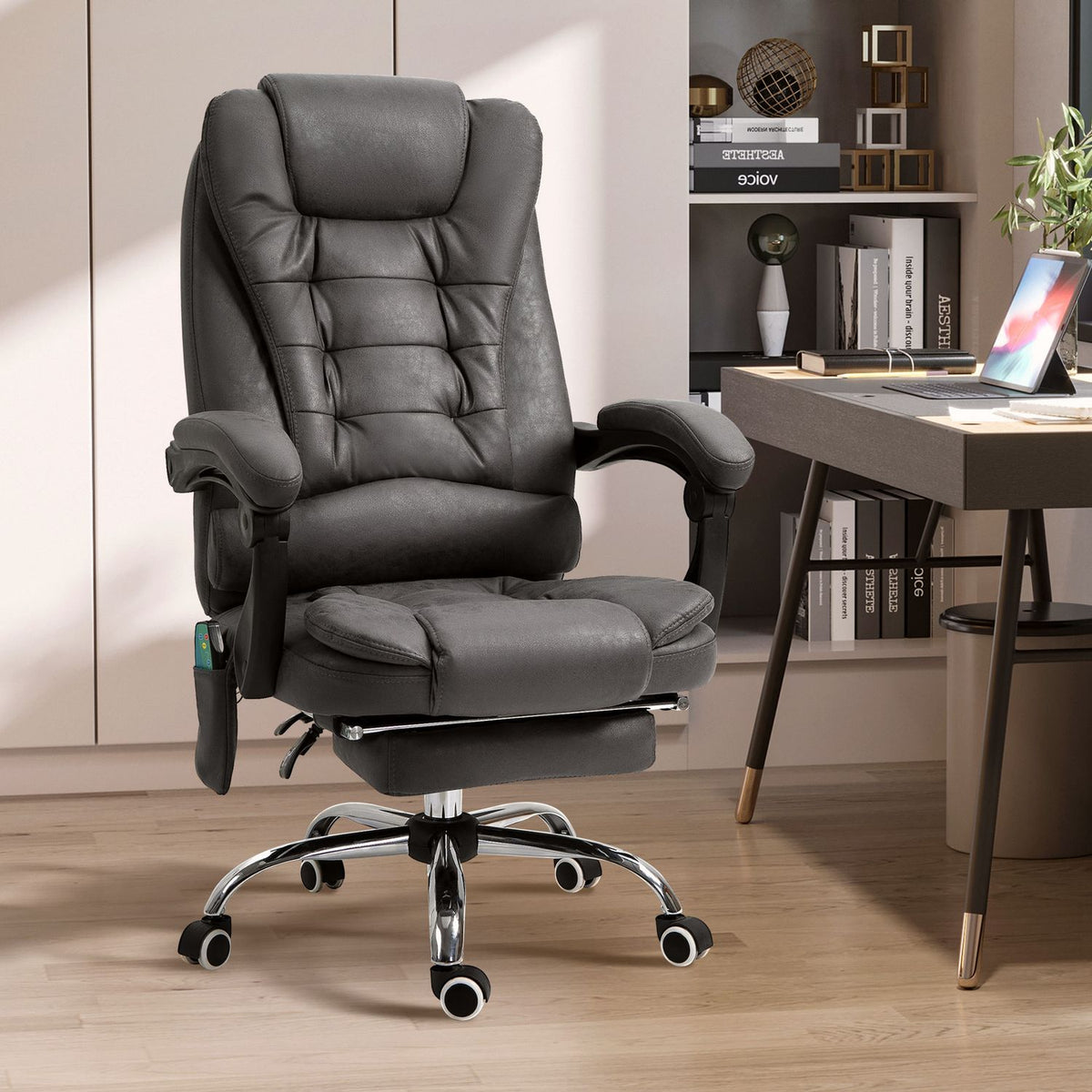 Office Chair with Massage and Heat Function, Ergonomic, 6 Massage Points, Footrest, Remote Control, Polyester, 65 x 160 x 104 cm, Gray