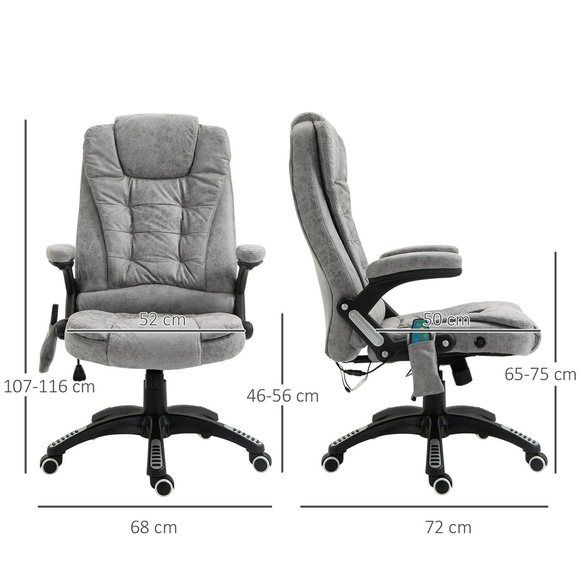 Office Chair with Massage and Heat Function, Ergonomic, Height Adjustable, Smooth, 6 Massage Points, 68W x 72D x 110-120H cm, Gray