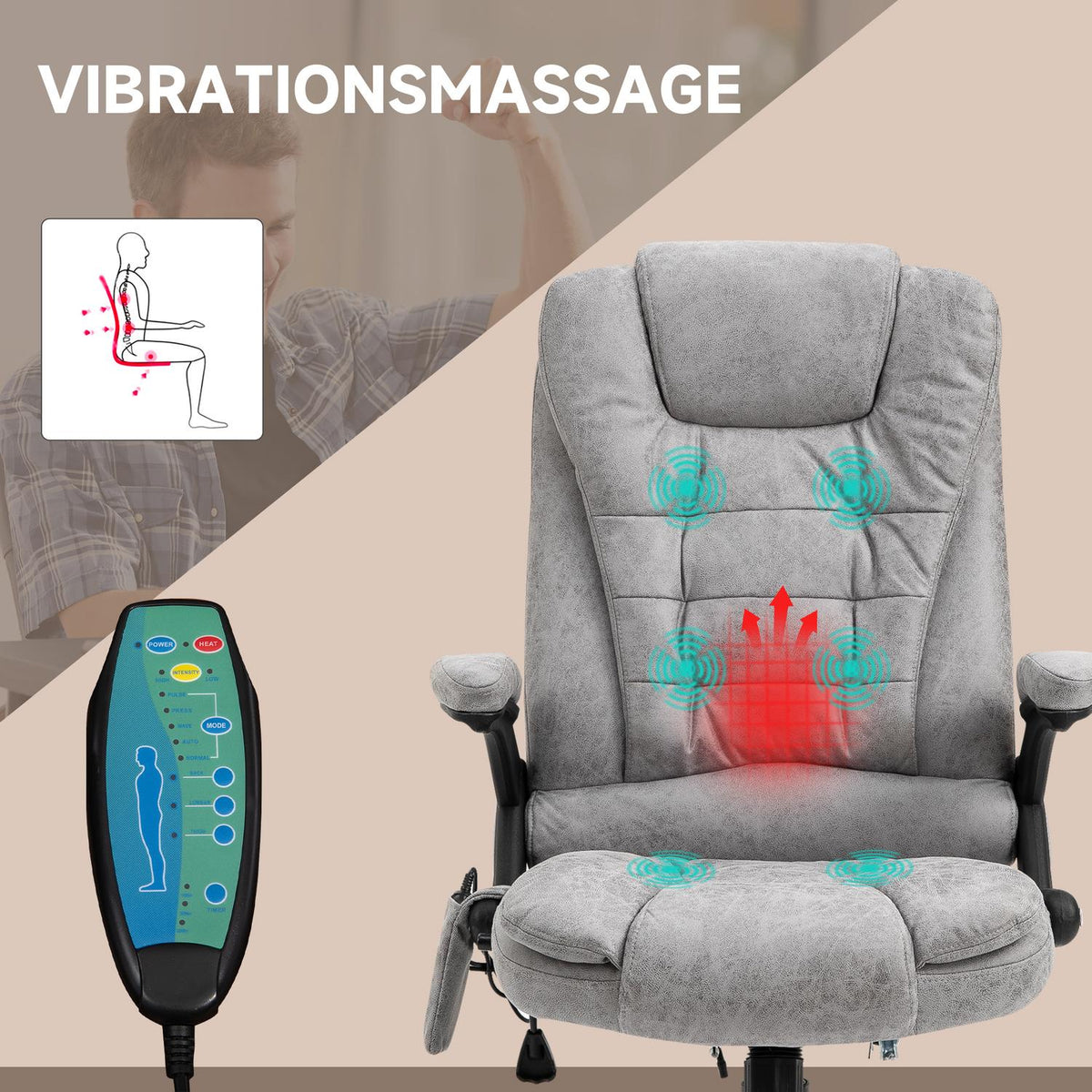 Office Chair with Massage and Heat Function, Ergonomic, Height Adjustable, Smooth, 6 Massage Points, 68W x 72D x 110-120H cm, Gray