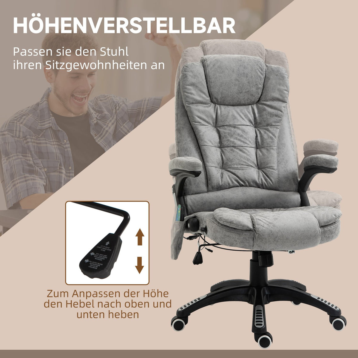 Office Chair with Massage and Heat Function, Ergonomic, Height Adjustable, Smooth, 6 Massage Points, 68W x 72D x 110-120H cm, Gray