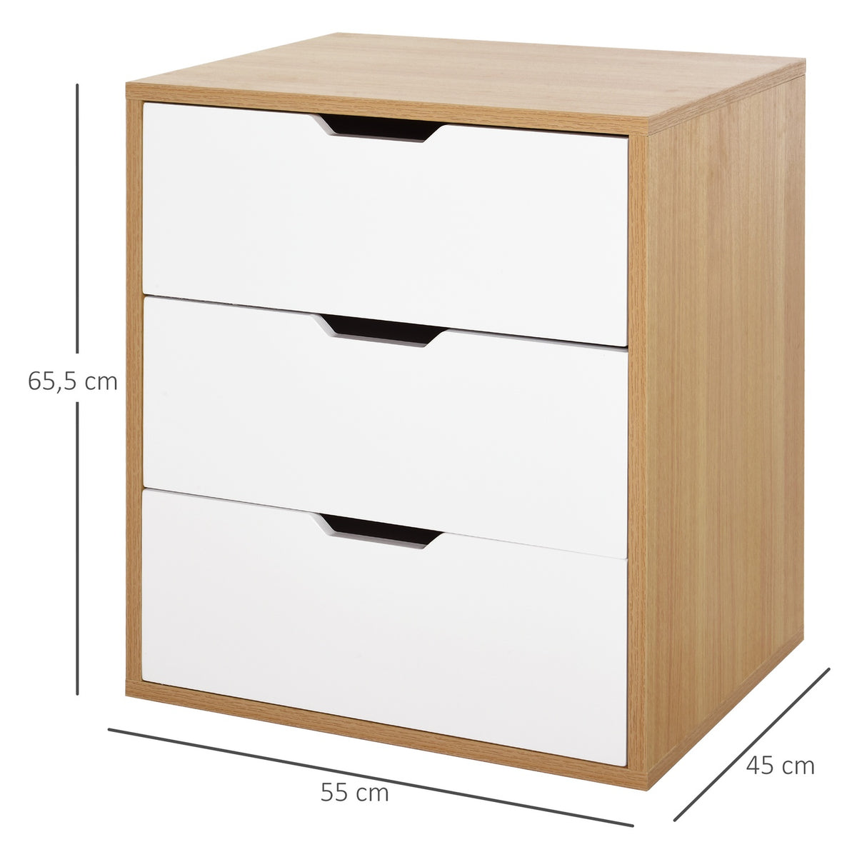 Office Container Filing Cabinet With 3 Drawers, Storage Of Files, E1 Chipboard, White + Natural, 55X45X65.5Cm