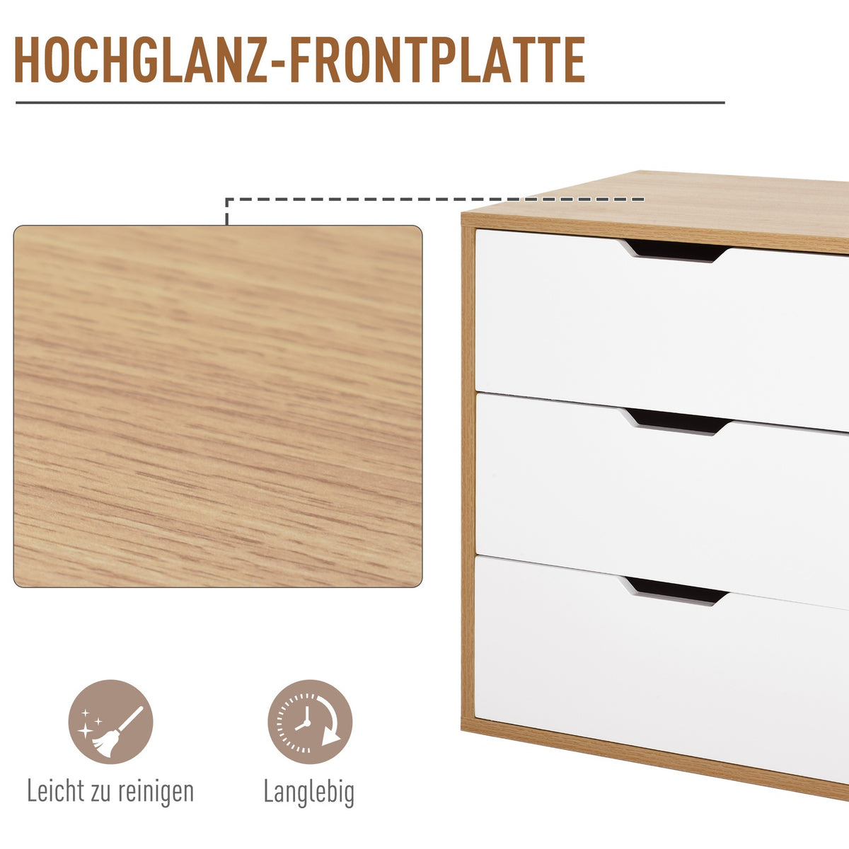 Office Container Filing Cabinet With 3 Drawers, Storage Of Files, E1 Chipboard, White + Natural, 55X45X65.5Cm