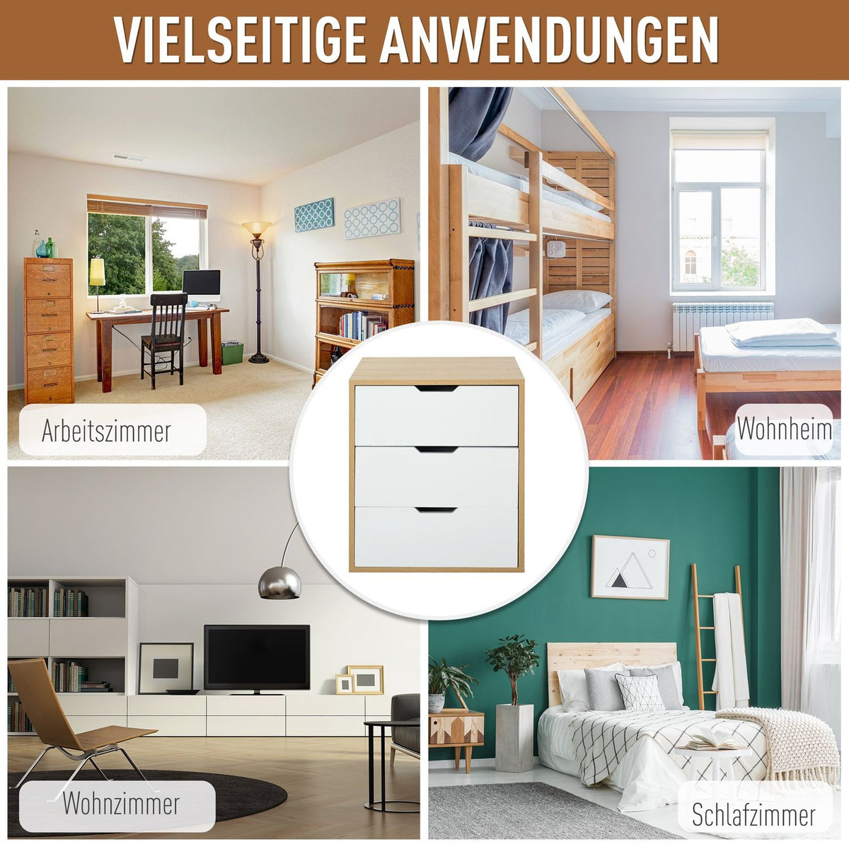 Office Container Filing Cabinet With 3 Drawers, Storage Of Files, E1 Chipboard, White + Natural, 55X45X65.5Cm