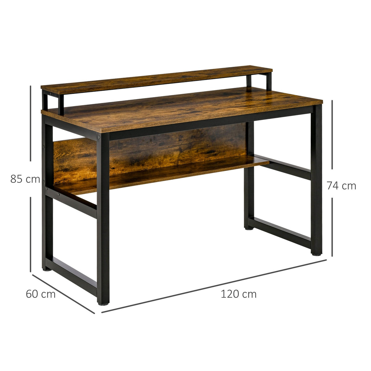 Office Desk, Computer Desk With Shelf, Industrial Style, Metal, Rustic Brown, 120X60X85Cm