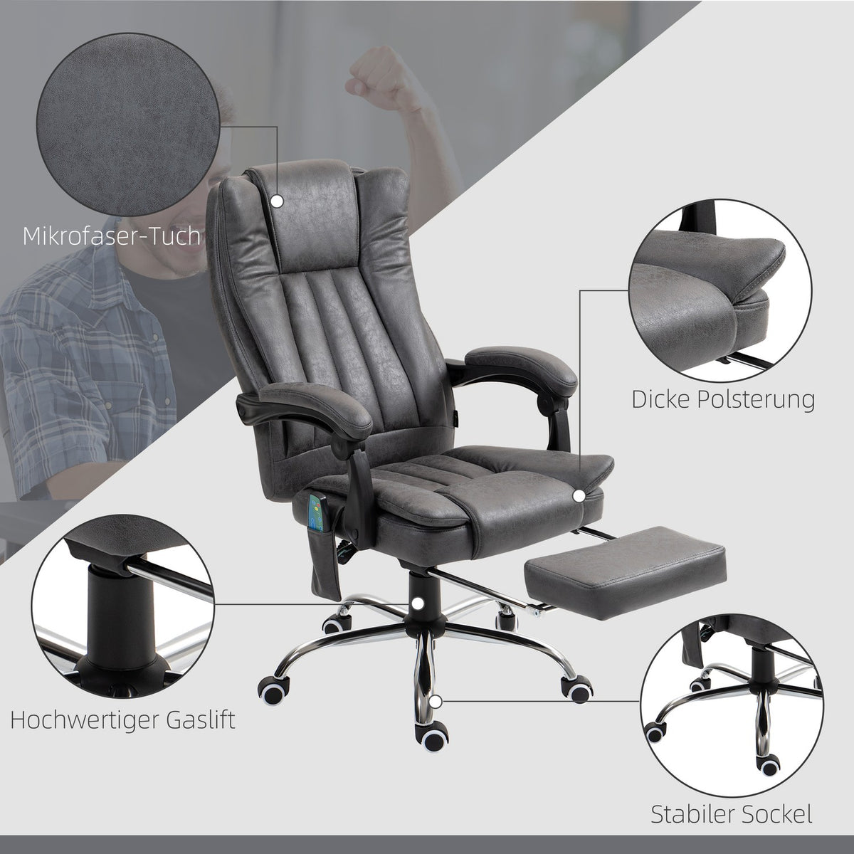 Office armchair with massage and heat function, height adjustable and fold-out footrest, ergonomic, 62 x 70 x 113-120 cm, gray