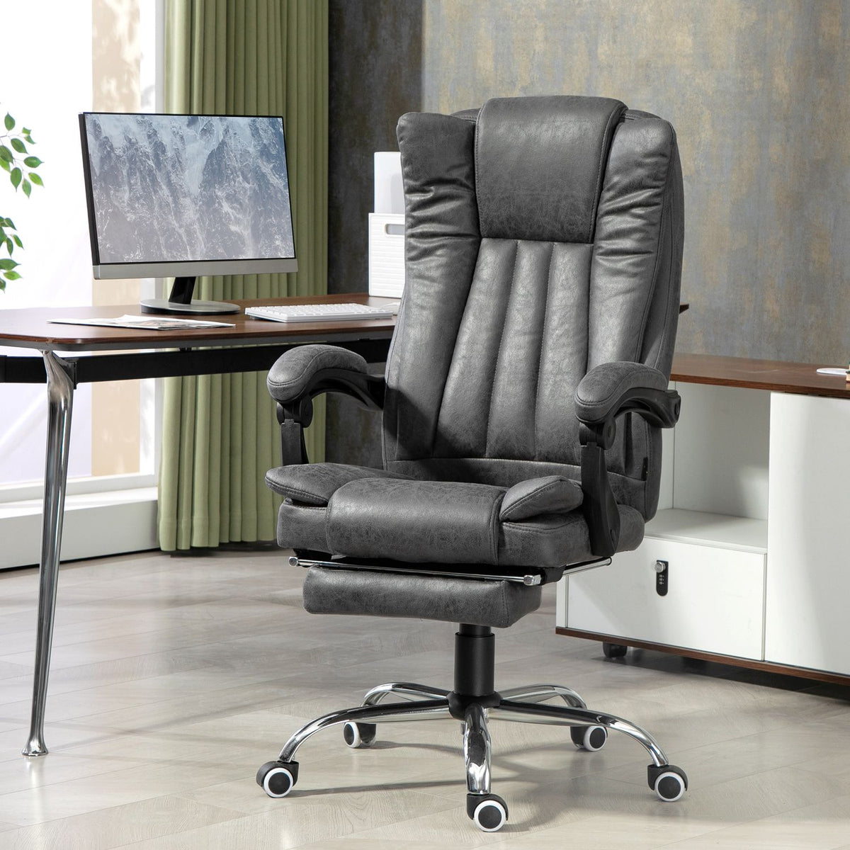 Office armchair with massage and heat function, height adjustable and fold-out footrest, ergonomic, 62 x 70 x 113-120 cm, gray