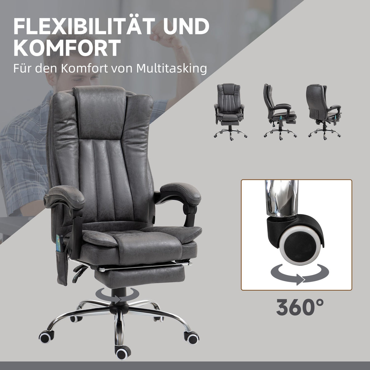 Office armchair with massage and heat function, height adjustable and fold-out footrest, ergonomic, 62 x 70 x 113-120 cm, gray