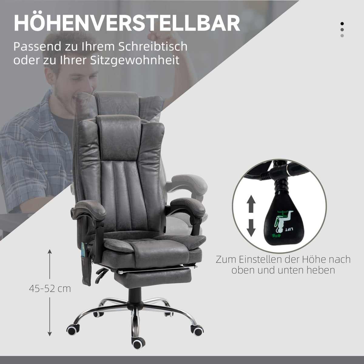 Office armchair with massage and heat function, height adjustable and fold-out footrest, ergonomic, 62 x 70 x 113-120 cm, gray